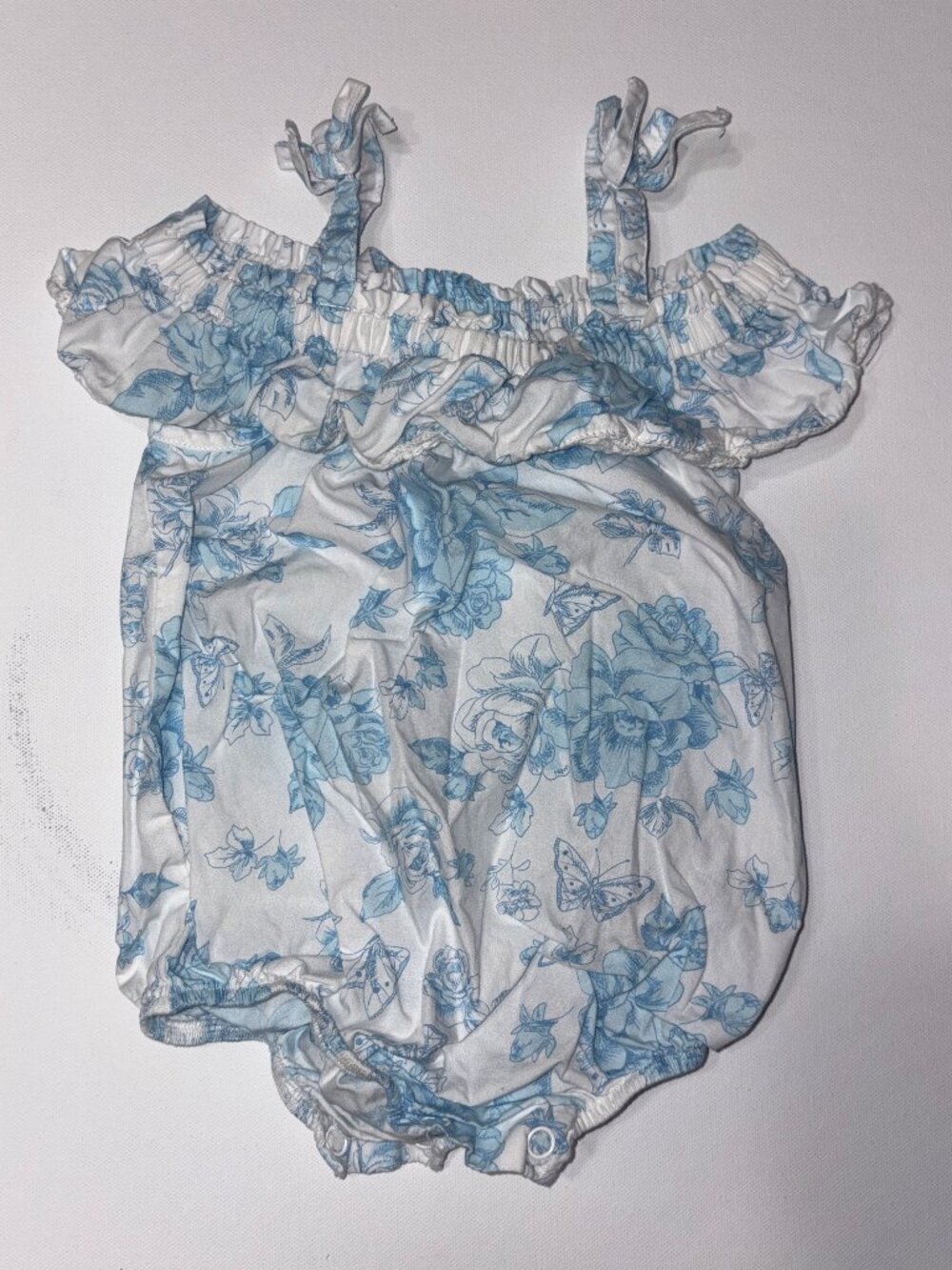 Bonnie Baby Blue Toile Floral Bubble Romper - Size 6-9M